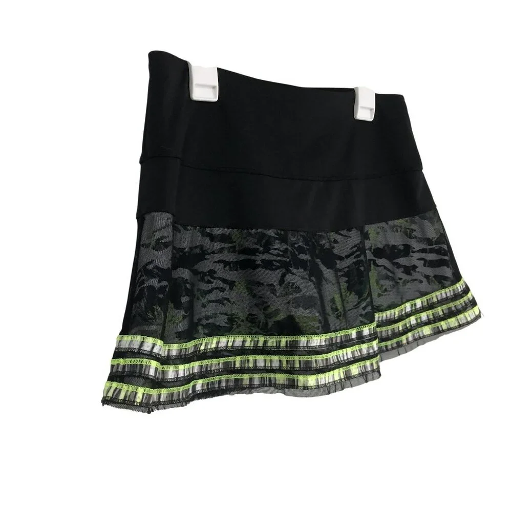 Lucky In Love Tennis Skirt With Shorts Camouflage Pattern Neon Trim Size S Black